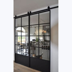 LVDUN Modern design interior iron frame sliding door tempered glass steel sliding barn door