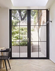 Hot sale in Australia iron frosted glass door with grill design interior matte black french steel door