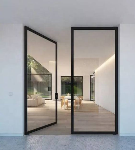 Modern Designs Black White Grey Red Interior Carbon Steel Frame Tempered Glass Panel Swing Doors