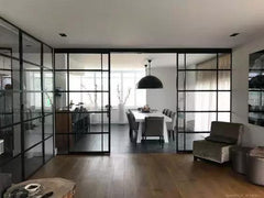 Black steel framed W20 solid steel profile thermal break french steel front doors with glass and grill design pocket door
